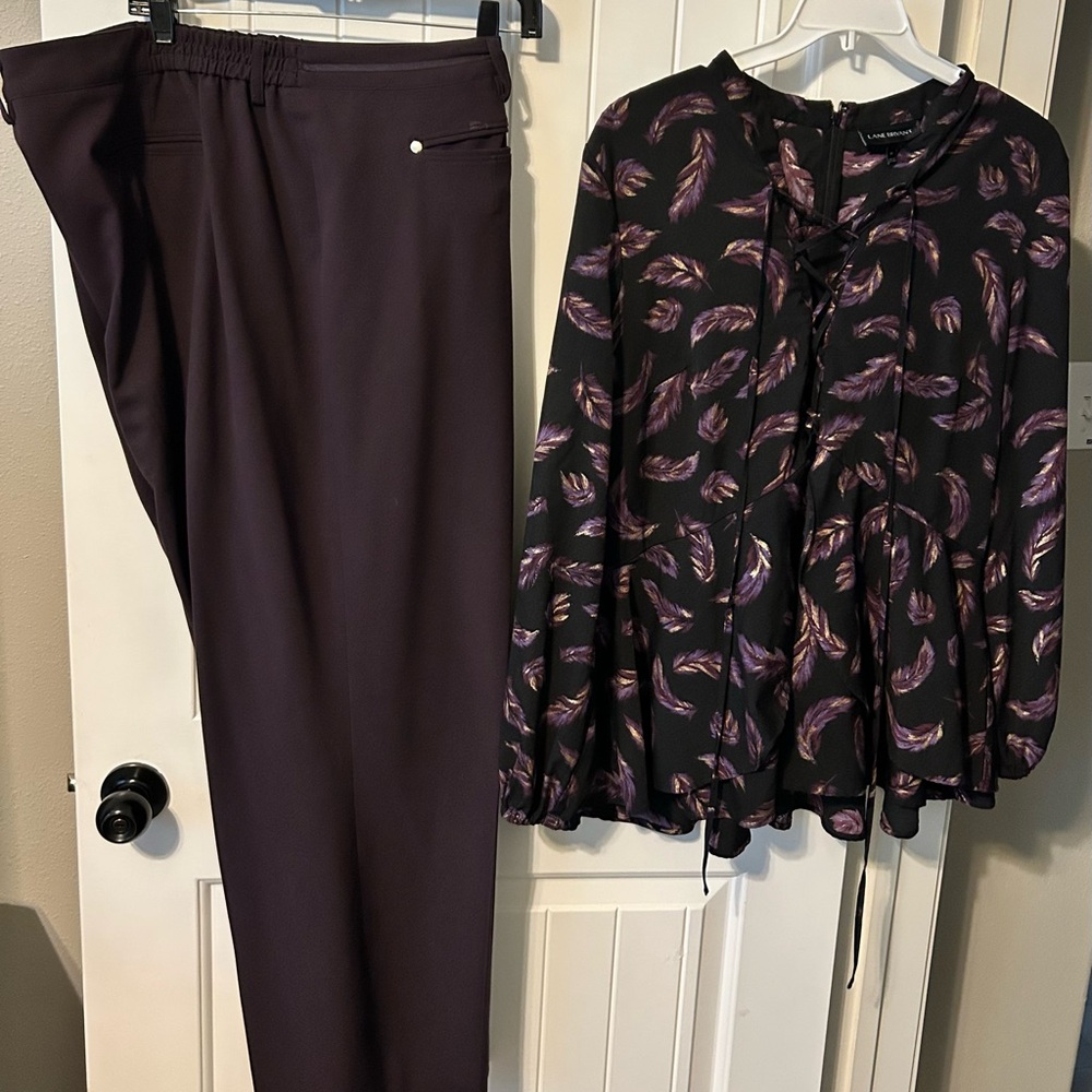 Elegant Purple Feather Print Blouse and Pants Set